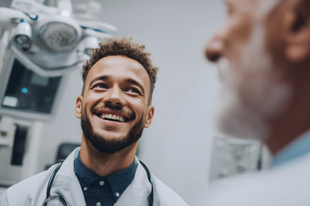selective focus of smiling african american doctor looking at smiling patientの素材