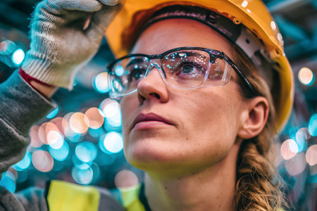 Portrait of a female construction worker wearing safety helmet and glasses.の素材