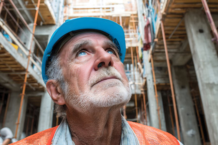 Close-up of a senior construction worker looking up at a construction siteの素材