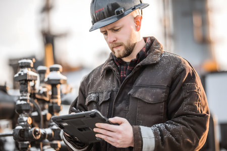 Portrait of a young male oil and gas worker using tablet computerの素材