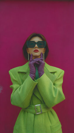 Fashionable young woman in green coat and sunglasses on pink backgroundの素材