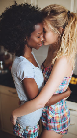 blonde and african american women hugging in kitchen at homeの素材
