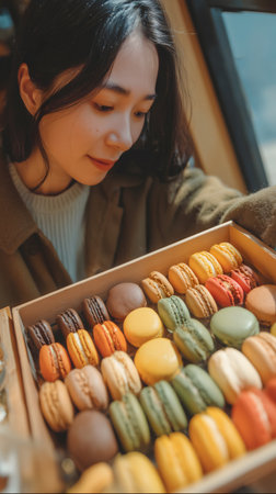 Beautiful asian woman holding colorful macaroon in coffee shopの素材