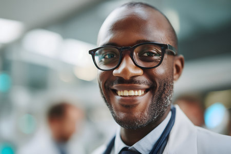 Portrait of a smiling african american male doctor wearing glasses.の素材