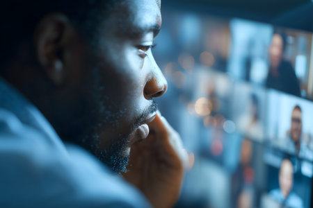 Portrait of young african-american man looking at photo in galleryの素材