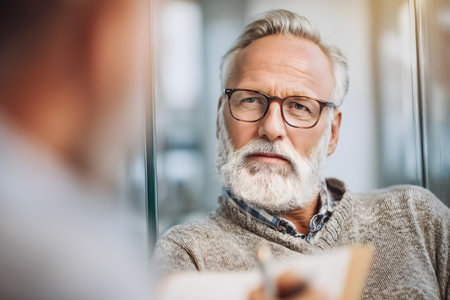 Portrait of thoughtful mature man in eyeglasses looking in mirror and writing in notebookの素材
