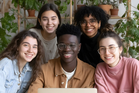 Portrait of diverse group of diverse young multiethnic women looking at camera, smiling at camera, sitting together at desk with laptop. Cheerful multiracial female friends studying togetherの素材