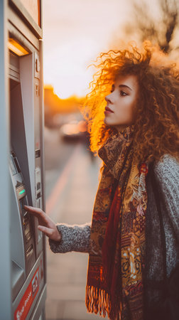 young curly redhead woman withdrawing money from credit card at outdoor cash machineの素材