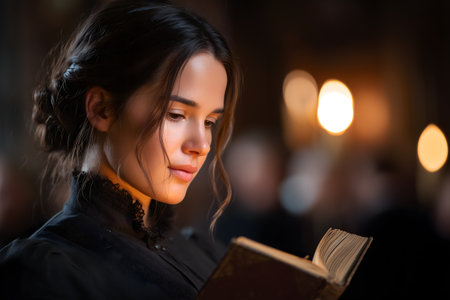 Portrait of a young woman reading a bible in a church.の素材