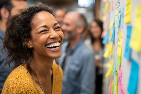 african american businesswoman laughing at creative office with colleagues in backgroundの素材