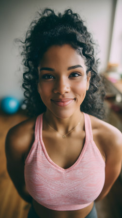 Portrait of smiling african american woman looking at camera in fitness studioの素材