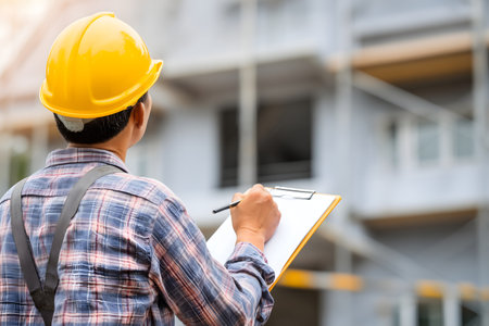 Engineer or Architect wearing safety helmet and writing on the paper.の素材