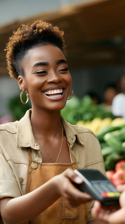 Cheerful african american woman paying with smartphone at marketの素材
