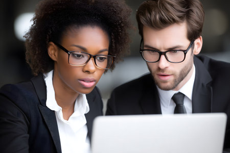 Serious businesspeople working on laptop in office. Focus on womanの素材