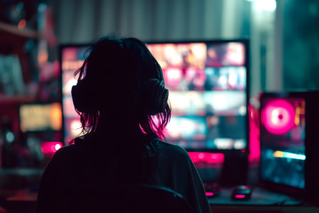 Silhouette of a young woman playing video games at night.の素材