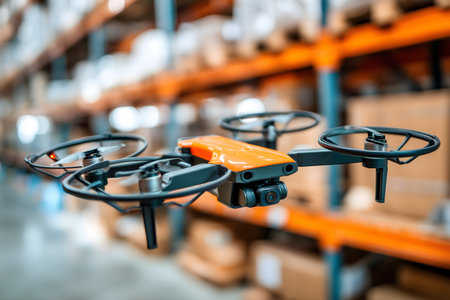 Drone in the warehouse of the factory. Shallow depth of fieldの素材