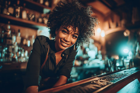 Beautiful Afro American woman is working as a bartender in a nightclub.の素材