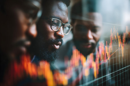 Close-up of three African-American businessmen analyzing forex graph.の素材
