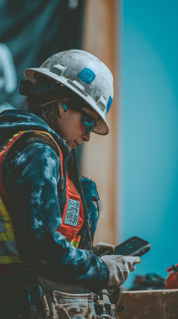 Firefighter in uniform and helmet with mobile phone on the fire stationの素材