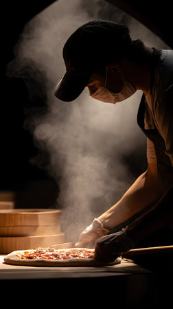 Pizza chef preparing a pizza in a restaurant kitchen. Italian cuisine.の素材