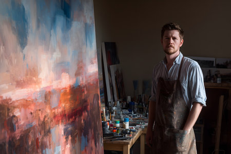 Portrait of a young male artist painting on canvas in his studioの素材