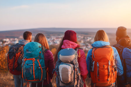 Back view of group of friends with backpacks standing on top of the hill and looking at the cityの素材