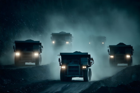 Silhouette of heavy mining trucks at night. Mining industry.の素材