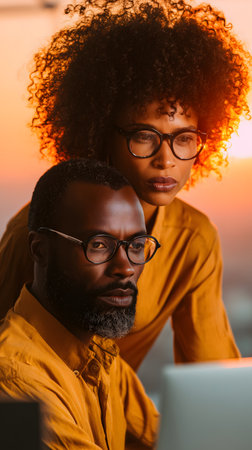 african american businessman and businesswoman in eyeglasses using laptop togetherの素材