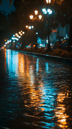 Rainy night in the city. The raindrops on the street.の素材