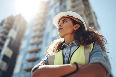 Portrait of young female engineer standing with crossed arms on construction siteの素材