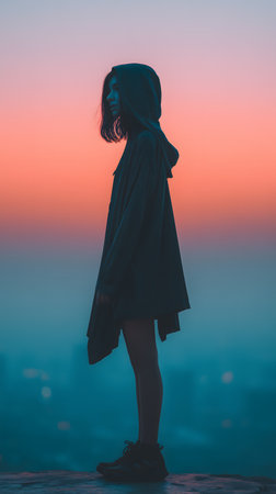 Silhouette of a beautiful Asian woman in a raincoat standing and looking at the sunset.の素材