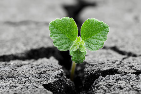 Green sprout growing from cracked soil. Concept of new life.の素材