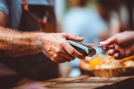 Customer paying with credit card at the street food market, close upの素材