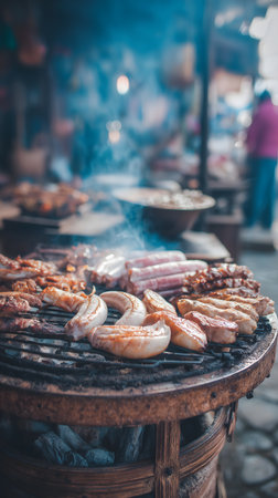 Grilled squid on the grill in a street food market, Thailandの素材
