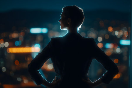 Silhouette of a young woman on the background of the night cityの素材