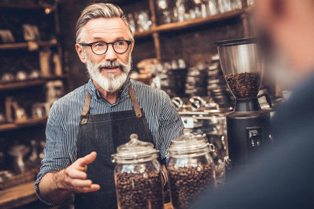 Handsome mature barista in apron is holding coffee beans and smiling while working in cafeの素材