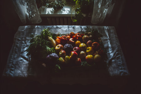Fruits and vegetables on the table in the dark. Selective focus.の素材