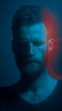 Portrait of a man with red light on a dark background.の素材