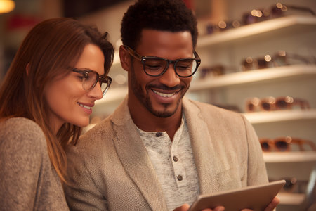 Delighted young couple looking at the tablet screen and smiling while sitting in the shopの素材