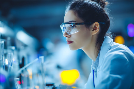 Female scientist working in a laboratory. She is wearing safety glasses and a lab coat.の素材