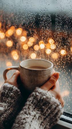 Woman holding a cup of coffee on the background of a window with rain drops and lightsの素材