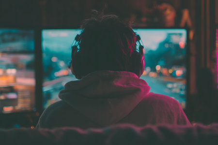 Young woman sitting on the sofa and watching a movie at night.の素材