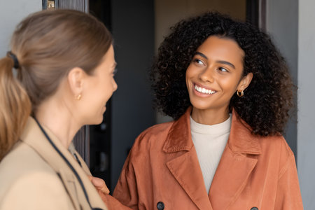 happy african american woman talking with friend at doorway in officeの素材