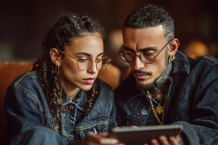 Close up portrait of young man and woman using digital tablet while sitting in cafeの素材