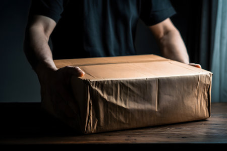 Delivery man holding parcel box on wooden table in dark room background.の素材