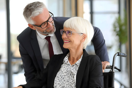 Senior businesswoman in wheelchair with male colleague in office. Space for textの素材