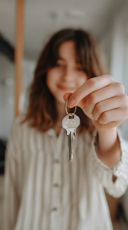 Young woman holding keys to her new house. Selective focus.の素材