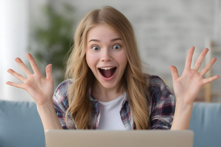 Surprised young woman using laptop at home. Surprised girl looking at computer screen.の素材