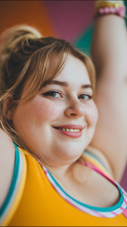 Close up portrait of smiling young woman in colorful sportswear.の素材