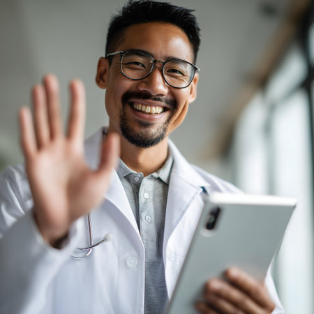 Portrait of smiling asian male doctor using digital tablet and waving handの素材
